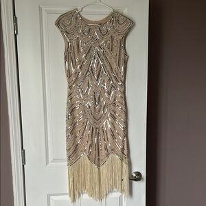 Gold Sheath Midi Dress Sleeveless Crew Neck